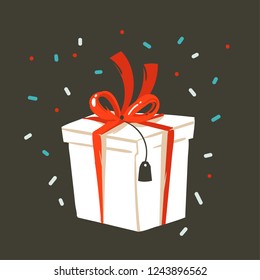 Hand drawn vector abstract fun Merry Christmas and Happy New Year time cartoon illustration greeting card with xmas surprise gift box and confetti isolated on black background