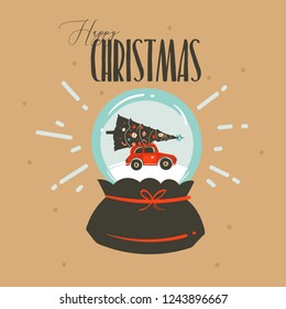 Hand drawn vector abstract fun Merry Christmas and Happy New Year time cartoon illustration greeting card with xmas snow glass globe and car isolated on craft background