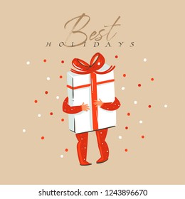 Hand drawn vector abstract fun Merry Christmas and Happy New Year time cartoon illustration greeting card with xmas child with surprise gift box and Best holidays text isolated on craft background