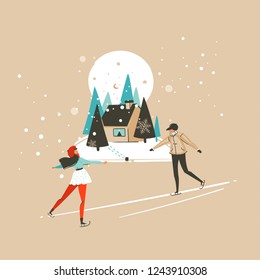 Hand drawn vector abstract fun Merry Christmas and Happy New Year time cartoon illustration greeting card with xmas ice skete boy and girl isolated on craft background