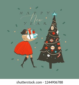 Hand drawn vector abstract fun Merry Christmas and Happy New Year time cartoon illustration greeting card with xmas decorated tree and girl with presents isolated on green background