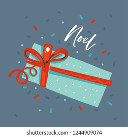 Hand drawn vector abstract fun Merry Christmas and Happy New Year time cartoon illustration greeting card with xmas surprise gift box and Noel text isolated on blue background
