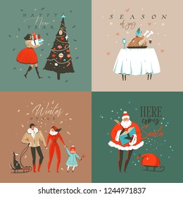 Hand Drawn Vector Abstract Fun Merry Christmas And Happy New Year Time Cartoon Illustration Greeting Card With Xmas Surprise Gift Boxes,people And Merry Christmas Text Isolated On Colored Background