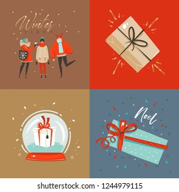 Hand drawn vector abstract fun Merry Christmas and Happy New Year time cartoon illustration greeting card with xmas surprise gift boxes,people and Merry Christmas text isolated on colored background