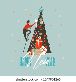Hand drawn vector abstract fun Merry Christmas and Happy New Year time cartoon illustration greeting card with xmas tree and Happy New Year typography isolated on blue background
