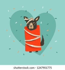 Hand drawn vector abstract fun Merry Christmas and Happy New Year time cartoon illustration greeting card with xmas cute funny dog in wrapping paper and confetti isolated on blue background