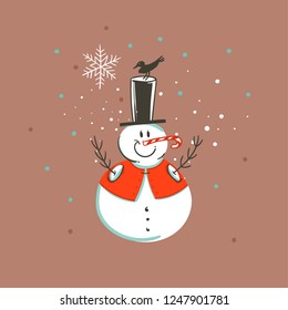 Hand drawn vector abstract fun Merry Christmas and Happy New Year time cartoon illustration greeting card with xmas snowman and confetti isolated on brown background