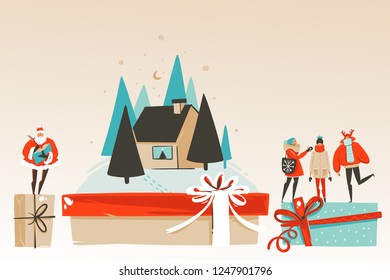 Hand drawn vector abstract fun Merry Christmas and Happy New Year time cartoon illustration greeting card with xmas family,house and Santa Claus isolated on craft background