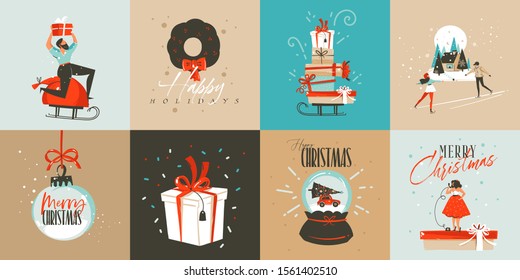 Hand drawn vector abstract fun Merry Christmas time cartoon cards collection set with cute illustrations,surprise gift boxes,dogs and handwritten modern calligraphy text isolated on white background.