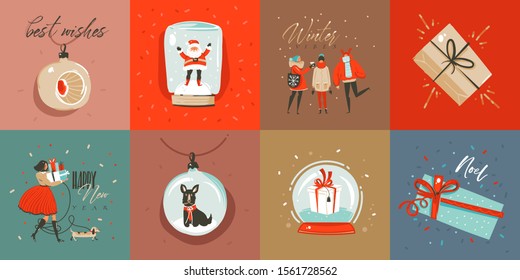 Hand drawn vector abstract fun Merry Christmas time cartoon cards collection set with cute illustrations,surprise gift boxes and handwritten modern calligraphy text isolated on colored background