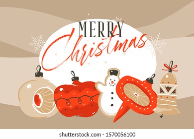 Hand drawn vector abstract fun Merry Christmas and Happy New Year time cartoon illustration greeting card with xmas tree toys isolated on craft background