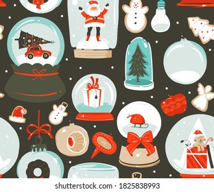 Vector dibujado a mano material divertido abstracto llano Feliz Navidad, y Feliz Año Nuevo caricatura festividad sin fisuras con adorables ilustraciones de la nieve de Navidad globo y Santa aislados en fondo de color