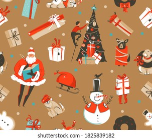 Hand drawn vector abstract fun stock flat Merry Christmas,and Happy New Year time cartoon festive seamless pattern with cute illustrations of Xmas retro gift boxes isolated on color background