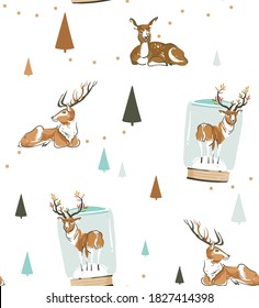 Hand drawn vector abstract fun stock flat Merry Christmas,and Happy New Year time cartoon festive seamless pattern with cute illustrations,of Xmas retro deer and reindeer isolated on white background
