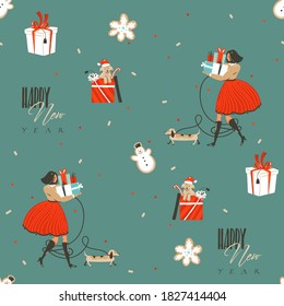 Hand drawn vector abstract fun stock flat Merry Christmas,and Happy New Year time cartoon festive seamless pattern with cute illustrations of Xmas retro gift boxes isolated on color background