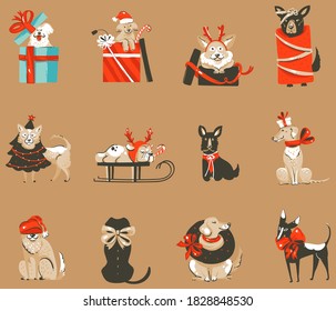 Hand drawn vector abstract fun stock flat Merry Christmas,and Happy New Year time cartoon festive seamless pattern with cute dog illustrations of Xmas retro gift boxes isolated on color background