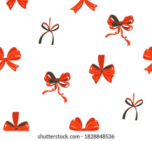 Hand drawn vector abstract fun stock flat Merry Christmas,and Happy New Year time cartoon festive seamless pattern with cute illustrations,of Xmas retro red bow isolated on white background