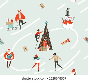 Hand drawn vector abstract fun stock flat Merry Christmas,and Happy New Year time cartoon festive seamless pattern with cute illustrations of Xmas retro gift boxes isolated on color background