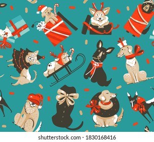 Hand drawn vector abstract fun stock flat Merry Christmas,and Happy New Year time cartoon festive seamless pattern with cute dog illustrations of Xmas retro gift boxes isolated on color background