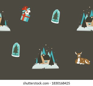Hand drawn vector abstract fun stock flat Merry Christmas,and Happy New Year time cartoon festive seamless pattern with cute illustrations,of Xmas retro deer and reindeer isolated on black background
