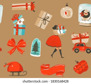 Hand drawn vector abstract fun stock flat Merry Christmas,and Happy New Year time cartoon festive seamless pattern with cute illustrations of Xmas retro gift boxes isolated on color background