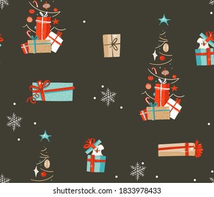 Hand drawn vector abstract fun stock flat Merry Christmas,and Happy New Year time cartoon festive seamless pattern with cute illustrations of Xmas tree and present boxes isolated on color background