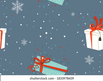 Handgezeichnete Vektorgrafik abstrakter lustige Stockflaeche Frohe Weihnachten und Frohe Neujahrskartoon festliches nahtloses Muster mit süßen Illustrationen von Weihnachtsschneeglobus und Weihnachtsmütze einzeln auf Farbhintergrund