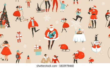 Hand drawn vector abstract fun stock flat Merry Christmas,and Happy New Year time cartoon festive seamless pattern with cute illustrations of festive people and Santa isolated on color background