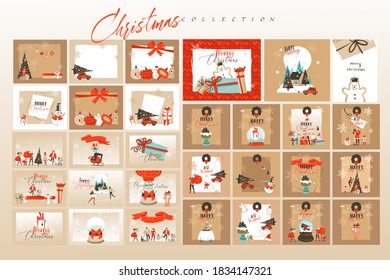 Hand drawn vector abstract fun stock flat Merry Christmas,and Happy New Year time cartoon festive cards bundle set with cute illustrations of Xmas and Santa isolated on color background