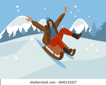 Hand drawn vector abstract fun stock flat Merry Christmas,and Happy New Year time cartoon festive card with cute illustrations of Xmas happy woman sledding isolated on winter landscape background