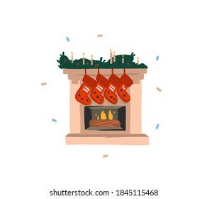 Vector dibujado a mano material divertido abstracto llano Feliz Navidad, y Feliz Año Nuevo caricatura tarjeta festividad con adorables ilustraciones de la chimenea de Navidad y calcetines de regalo aislados en fondo blanco