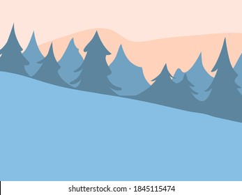 Hand drawn vector abstract fun stock flat Merry Christmas,and Happy New Year time cartoon festive card with cute illustrations of Xmas winter mountain landscape with fir trees on color background