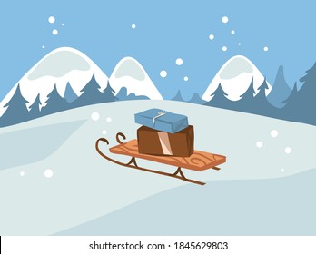 Hand drawn vector abstract fun stock flat Merry Christmas,and Happy New Year cartoon card with cute illustrations of Xmas sleigh and presents box gifts isolated on white winter landscape background