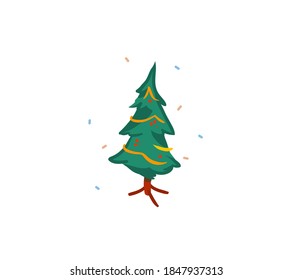 Hand drawn vector abstract fun stock flat Merry Christmas,and Happy New Year cartoon festive card with cute illustrations of home Xmas tree indoor isolated on white background