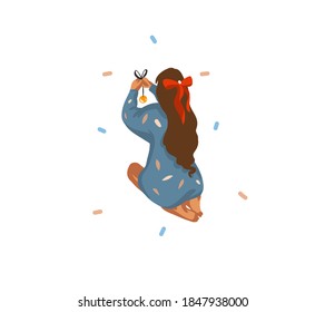 Hand drawn vector abstract fun stock flat Merry Christmas,and Happy New Year cartoon festive card with cute illustrations of Xmas girl hang toys on the tree isolated on white background