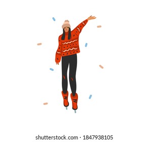 Hand drawn vector abstract fun stock flat Merry Christmas,and Happy New Year cartoon festive card with cute illustrations of girl skating outdoor isolated on white background