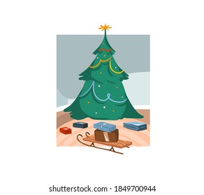 Hand drawn vector abstract fun stock flat Merry Christmas,and Happy New Year cartoon festive card with cute illustrations of big decorated Xmas tree and gift boxes indoor isolated on white background