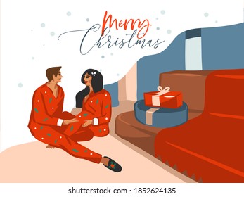Hand drawn vector abstract fun stock flat Merry Christmas,and Happy New Year cartoon festive card with cute illustrations of Xmas couple unpack gifts at home together isolated on white background