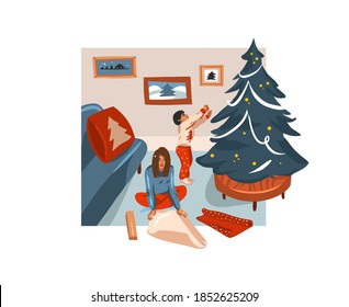 Hand drawn vector abstract fun stock flat Merry Christmas,and Happy New Year cartoon festive card with cute illustrations of Xmas family unpack gifts at home together isolated on white background