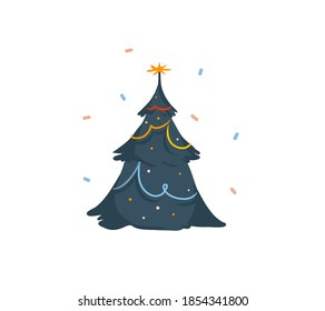 Handgezeichnete, abstrakte, lustige Stockflache Frohe Weihnachten und Fröhliche Weihnachtskarte mit süßen Illustrationen eines großen, dekorierten Weihnachtsbaumes einzeln auf weißem Hintergrund
