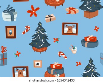 Hand drawn vector abstract fun stock flat Merry Christmas,and Happy New Year time cartoon festive seamless pattern with cute illustrations of Xmas retro gift boxes isolated on color background