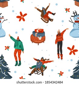 Hand drawn vector abstract fun stock flat Merry Christmas,and Happy New Year time cartoon festive seamless pattern with cute illustrations of Xmas retro gift boxes isolated on color background