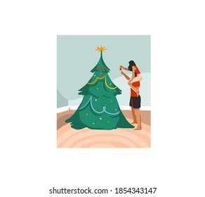 Hand drawn vector abstract fun stock flat Merry Christmas,and Happy New Year cartoon festive card with cute illustrations of Xmas couple hang toys on the tree together isolated on white background
