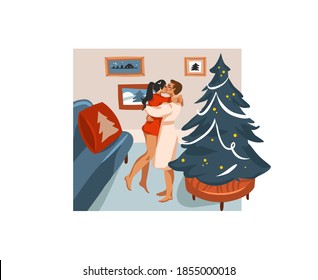 Hand drawn vector abstract fun stock flat Merry Christmas,and Happy New Year cartoon festive card with cute illustrations of Xmas family couple at home together isolated on white background