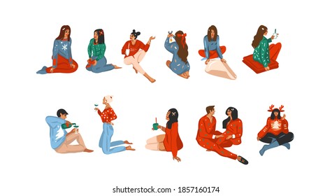 Hand drawn vector abstract fun stock flat Merry Christmas,and Happy New Year cartoon festive card with cute illustrations of Xmas sitting people collection set bundle isolated on white background