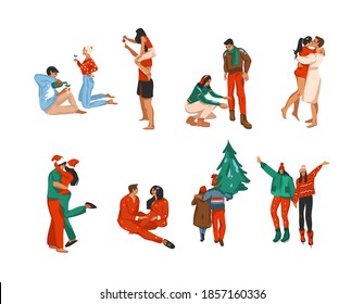 Hand drawn vector abstract fun stock flat Merry Christmas,and Happy New Year cartoon festive card with cute illustrations of Xmas couple together collection set bundle isolated on white background