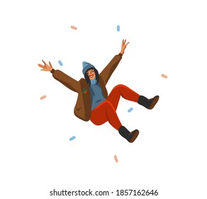 Hand drawn vector abstract fun stock flat Merry Christmas,and Happy New Year time cartoon festive card with cute illustrations of Xmas happy woman isolated on white background