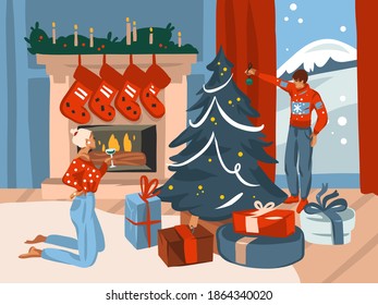 Hand drawn vector abstract fun stock flat Merry Christmas,and Happy New Year cartoon festive card with cute illustrations of Xmas kissing couple at home together isolated on white background
