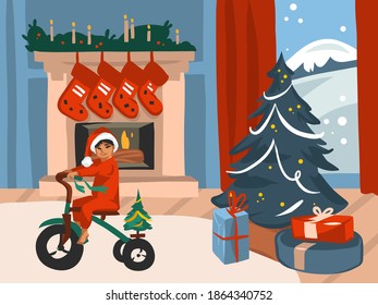 Hand drawn vector abstract fun stock flat Merry Christmas,and Happy New Year cartoon festive card with cute illustrations of Xmas baby kid at home isolated on color background