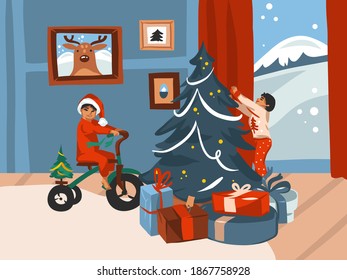 Hand drawn vector abstract fun stock flat Merry Christmas,and Happy New Year cartoon festive card with cute illustrations of Xmas baby kids at home together isolated on white background